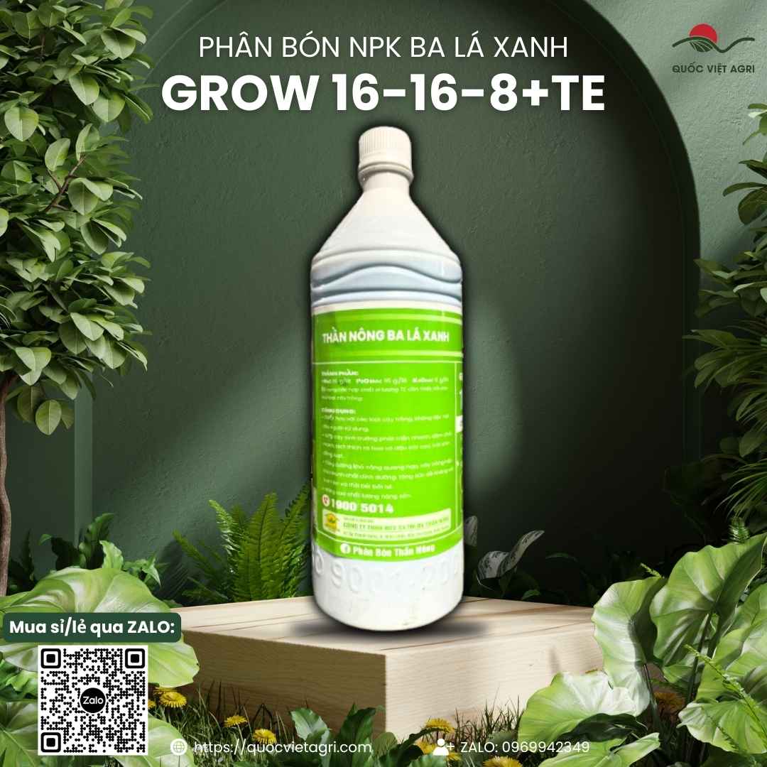 Mặt sau chai phân bón lá Grow Ba Lá Xanh 1 Lít, công thức NPK 16-16-8+TE đậm đặc gấp 5 lần, chuyên dùng để bung đọt, xanh lá.
