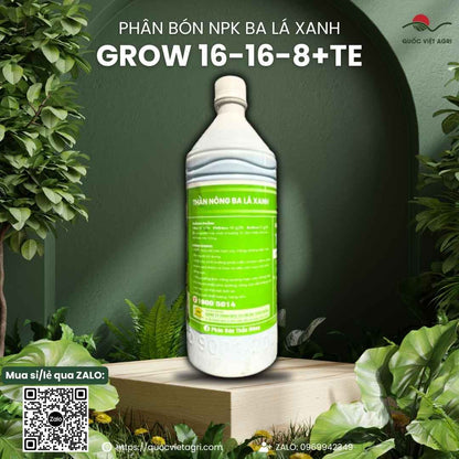 Mặt sau chai phân bón lá Grow Ba Lá Xanh 1 Lít, công thức NPK 16-16-8+TE đậm đặc gấp 5 lần, chuyên dùng để bung đọt, xanh lá.
