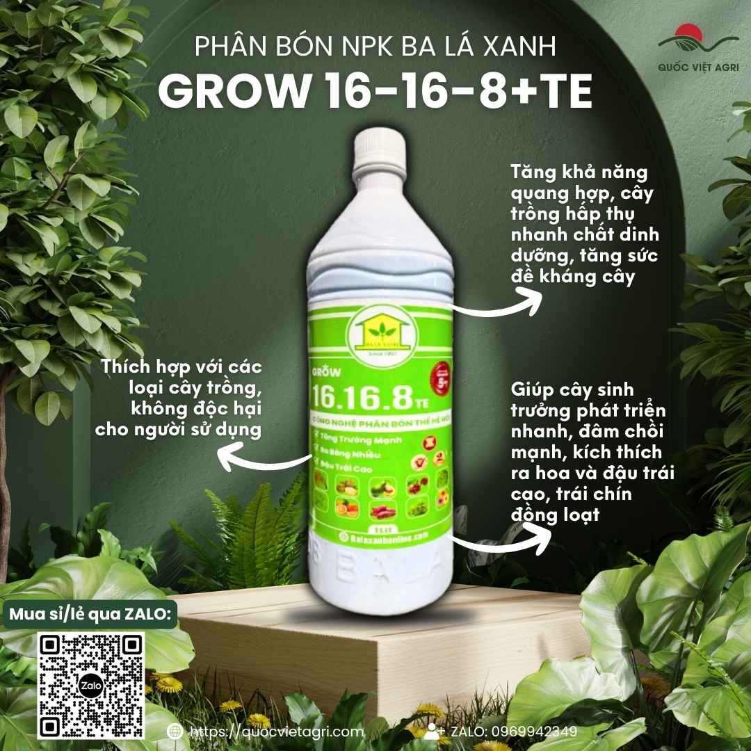 Mặt trước chai phân bón lá Grow Ba Lá Xanh 1 Lít, công thức NPK 16-16-8+TE đậm đặc gấp 5 lần, chuyên dùng để bung đọt, xanh lá.

