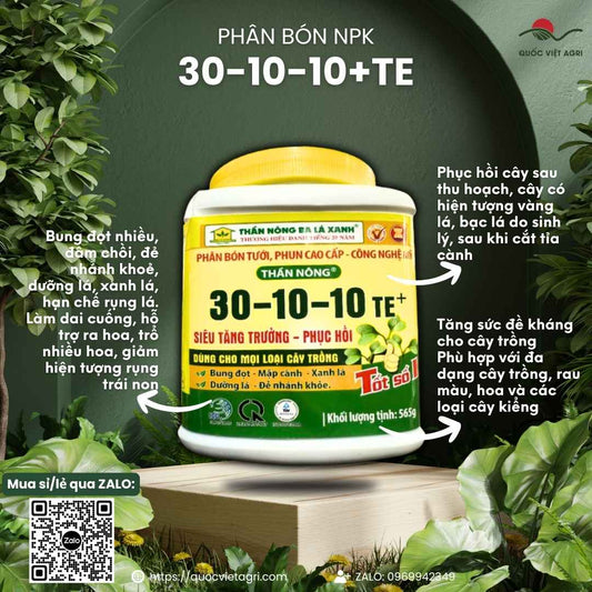 Mặt trước hủ phân bón lá NPK 30-10-10+TE Ba Lá Xanh 565g, chuyên dùng để bung đọt, xanh lá, sản phẩm chính hãng.

