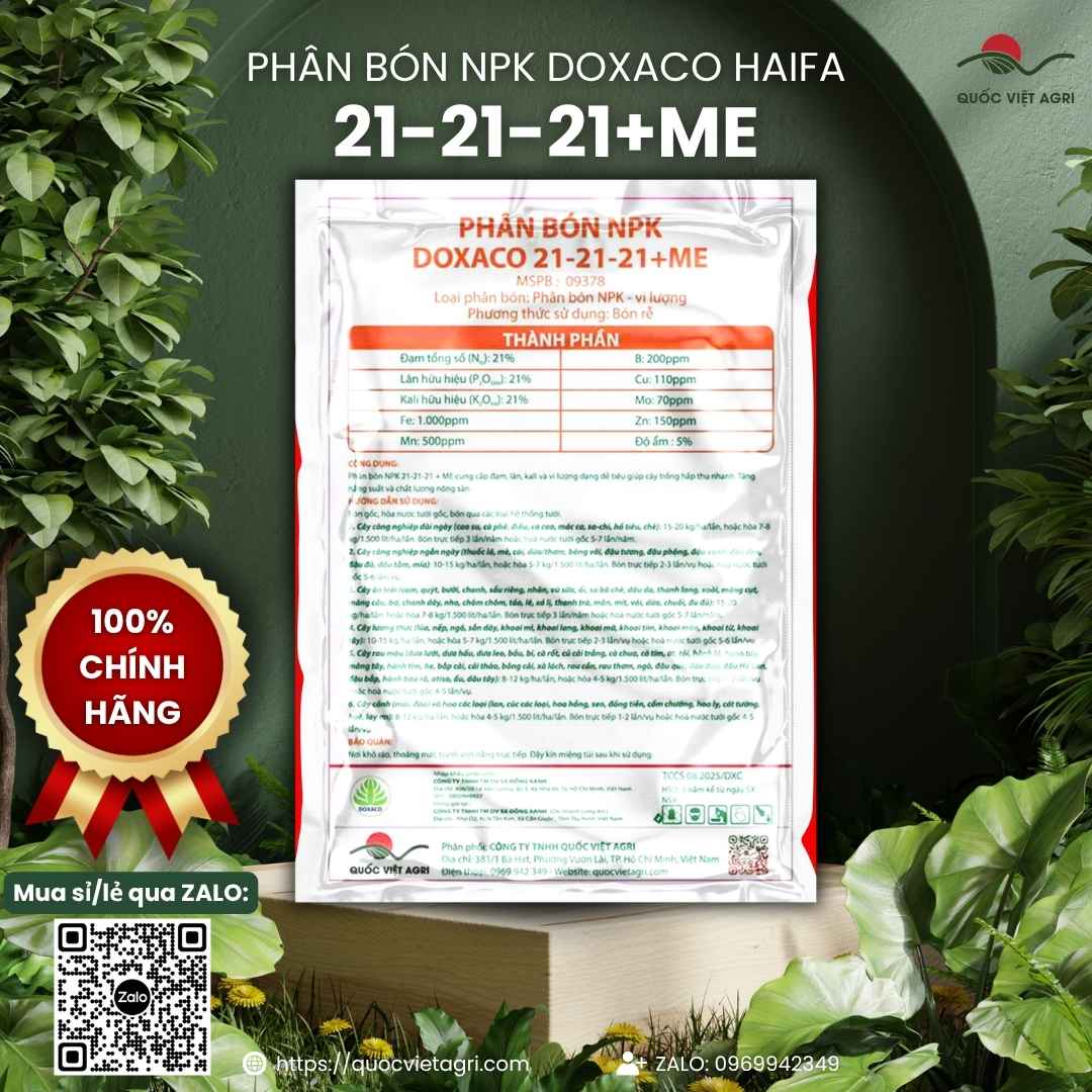 Bảng thành phần cân đối 21-21-21 và vi lượng mặt sau gói NPK Doxaco.