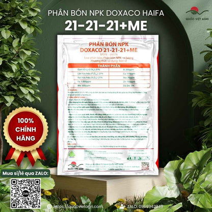 Bảng thành phần cân đối 21-21-21 và vi lượng mặt sau gói NPK Doxaco.