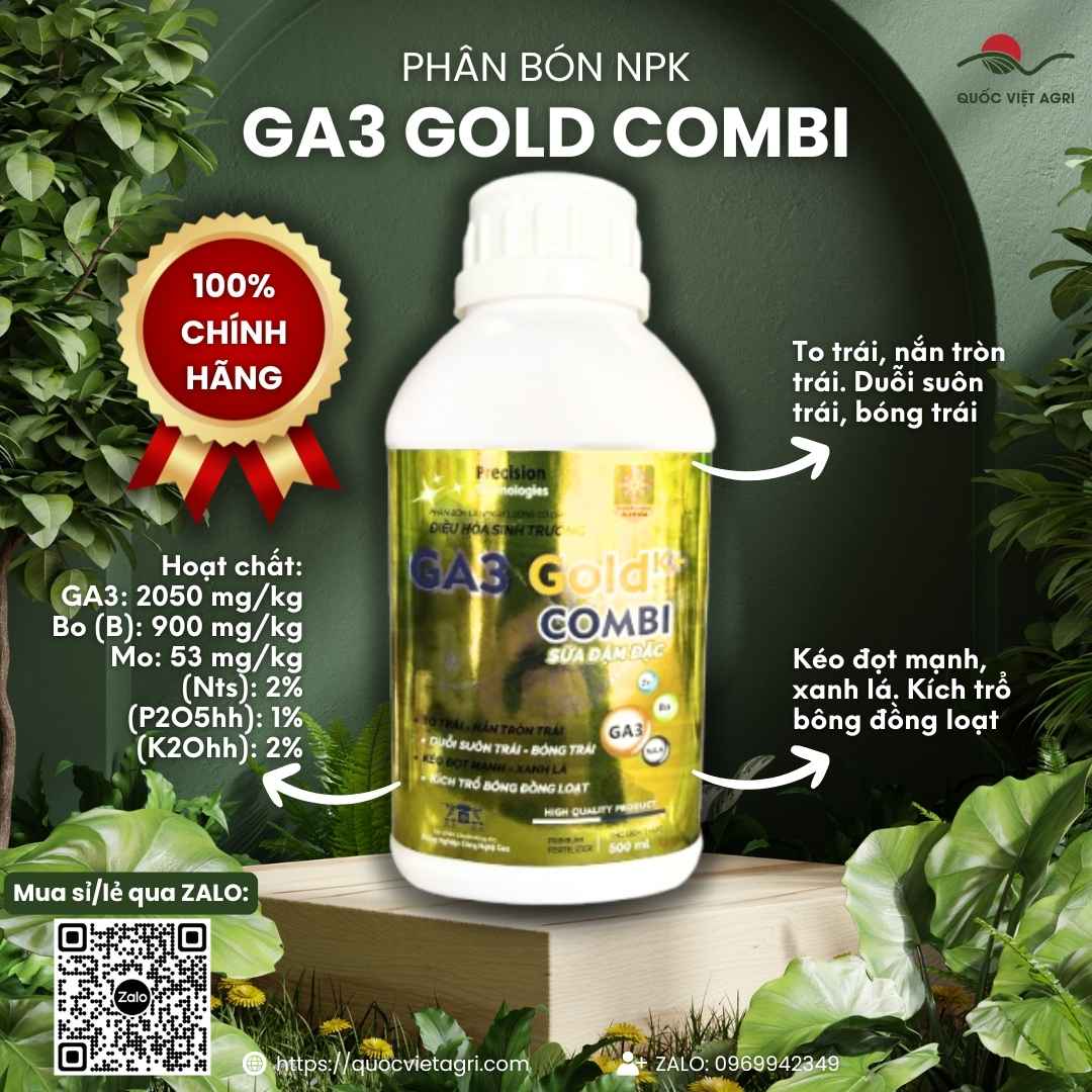 Mặt trước chai Phân bón lá NPK vi lượng GA3 GOLD COMBI 500ml, nhãn mác rõ ràng.