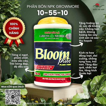 Mặt trước hộp phân bón lá Growmore 10-55-10+TE 1KG, chuyên dùng để kích thích ra hoa cho mai vàng, cây cảnh, sản phẩm chính hãng Tân Qui.

