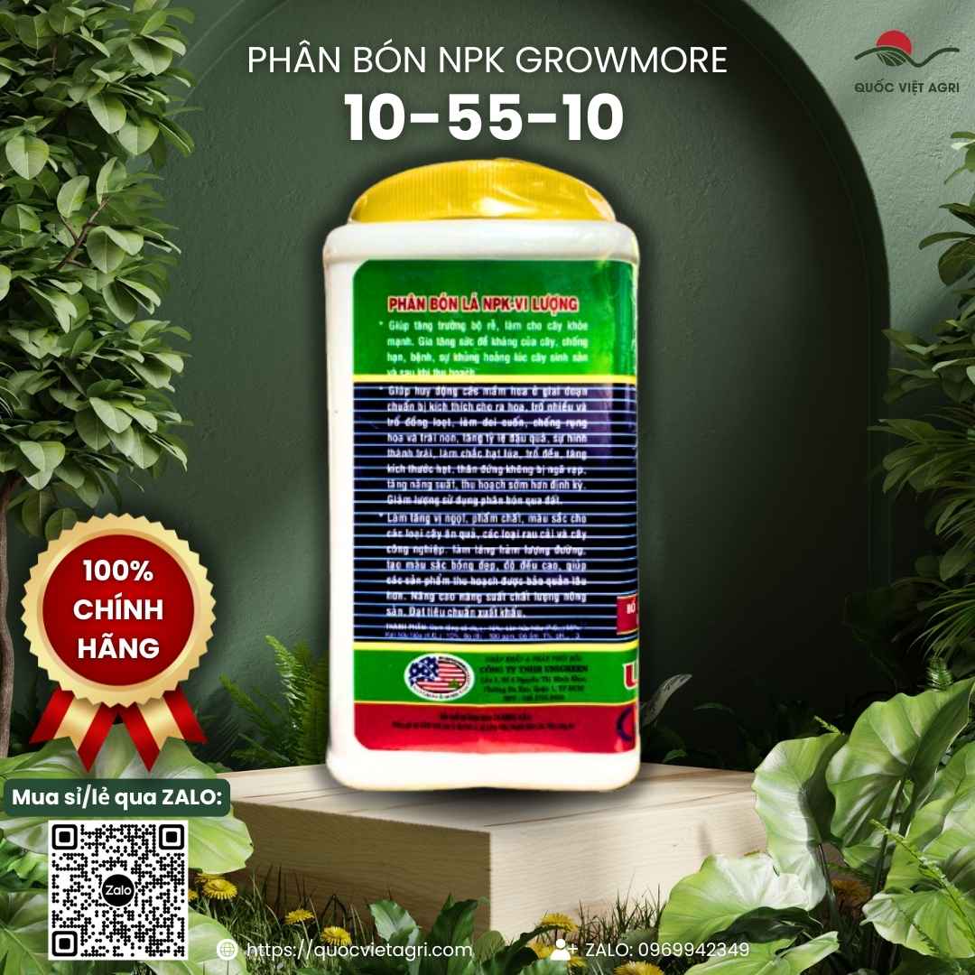 Mặt sau hộp phân bón lá Growmore 10-55-10+TE 1KG, chuyên dùng để kích thích ra hoa cho mai vàng, cây cảnh, sản phẩm chính hãng Tân Qui.
