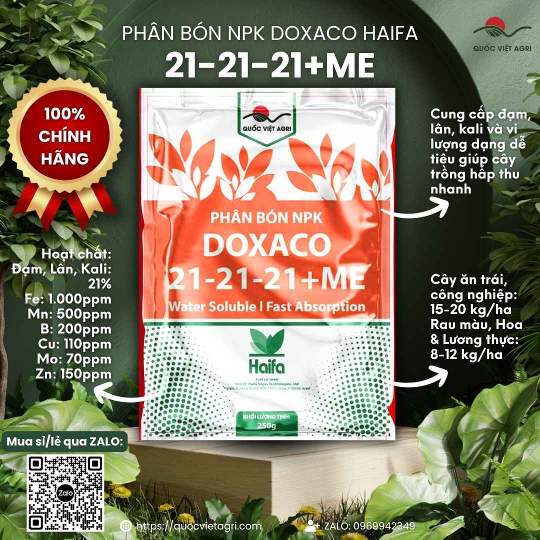 Mặt trước bao bì phân bón lá NPK Haifa 21-21-21+ME Doxaco gói 250g.