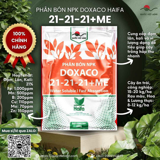 Mặt trước bao bì phân bón lá NPK Haifa 21-21-21+ME Doxaco gói 250g.