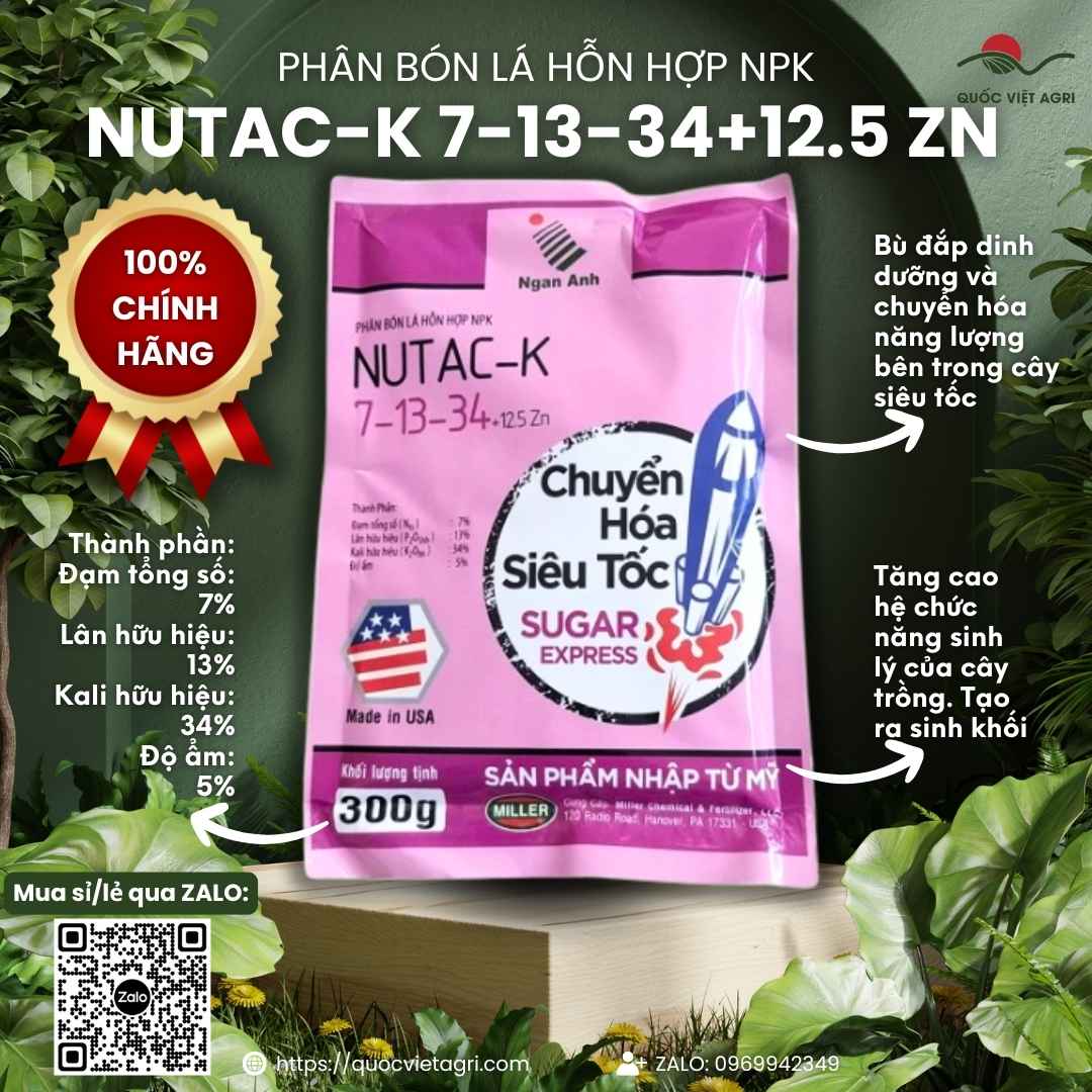 Mặt trước gói Phân bón lá NUTAC-K 7-13-34 300g, nhập khẩu Mỹ, công nghệ Sugar Express tạo đường đẹp trái.