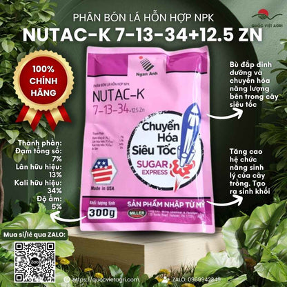 Mặt trước gói Phân bón lá NUTAC-K 7-13-34 300g, nhập khẩu Mỹ, công nghệ Sugar Express tạo đường đẹp trái.