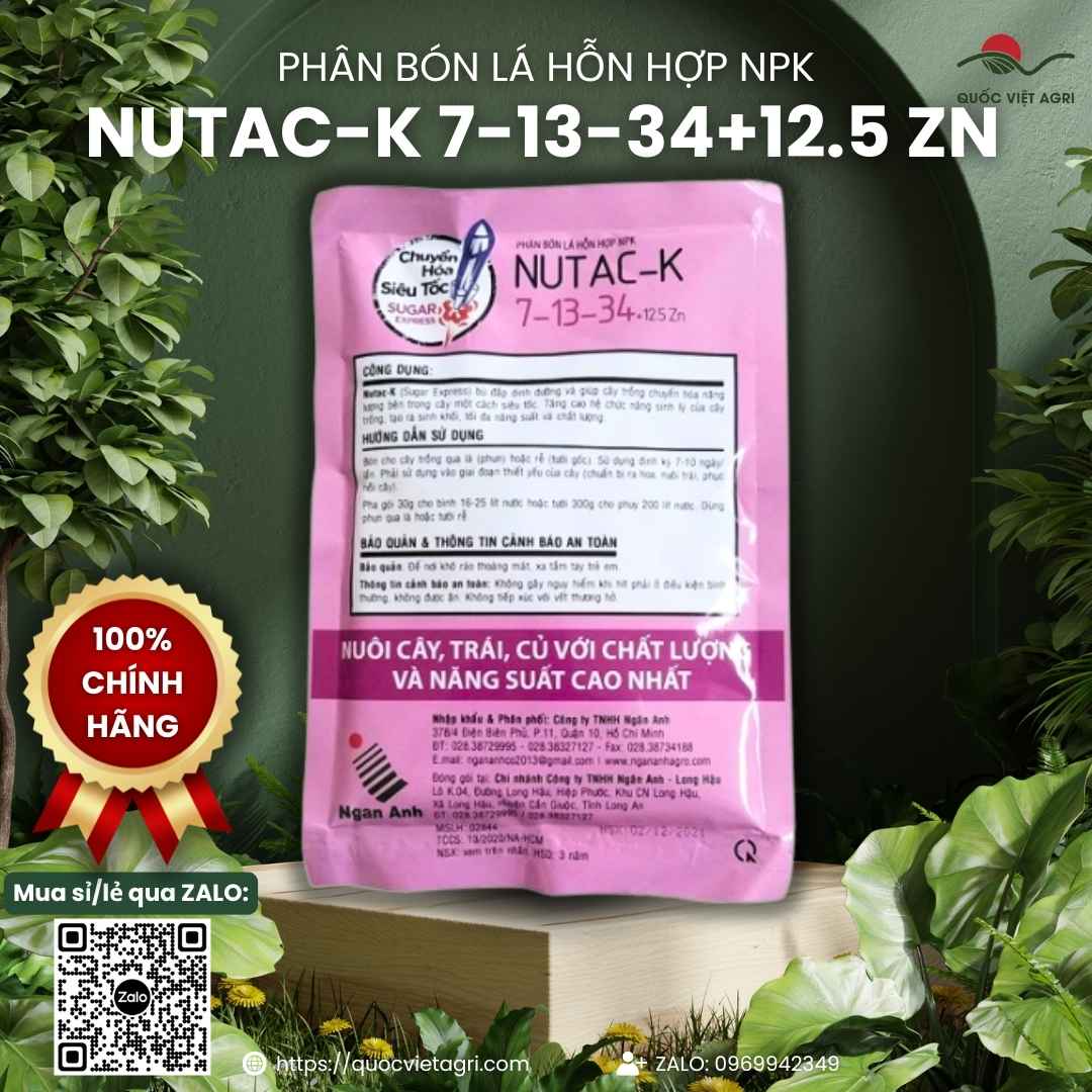 Mặt sau gói Nutac-K với thông tin thành phần Kali 34% và hướng dẫn sử dụng cho sầu riêng, xoài, lúa.