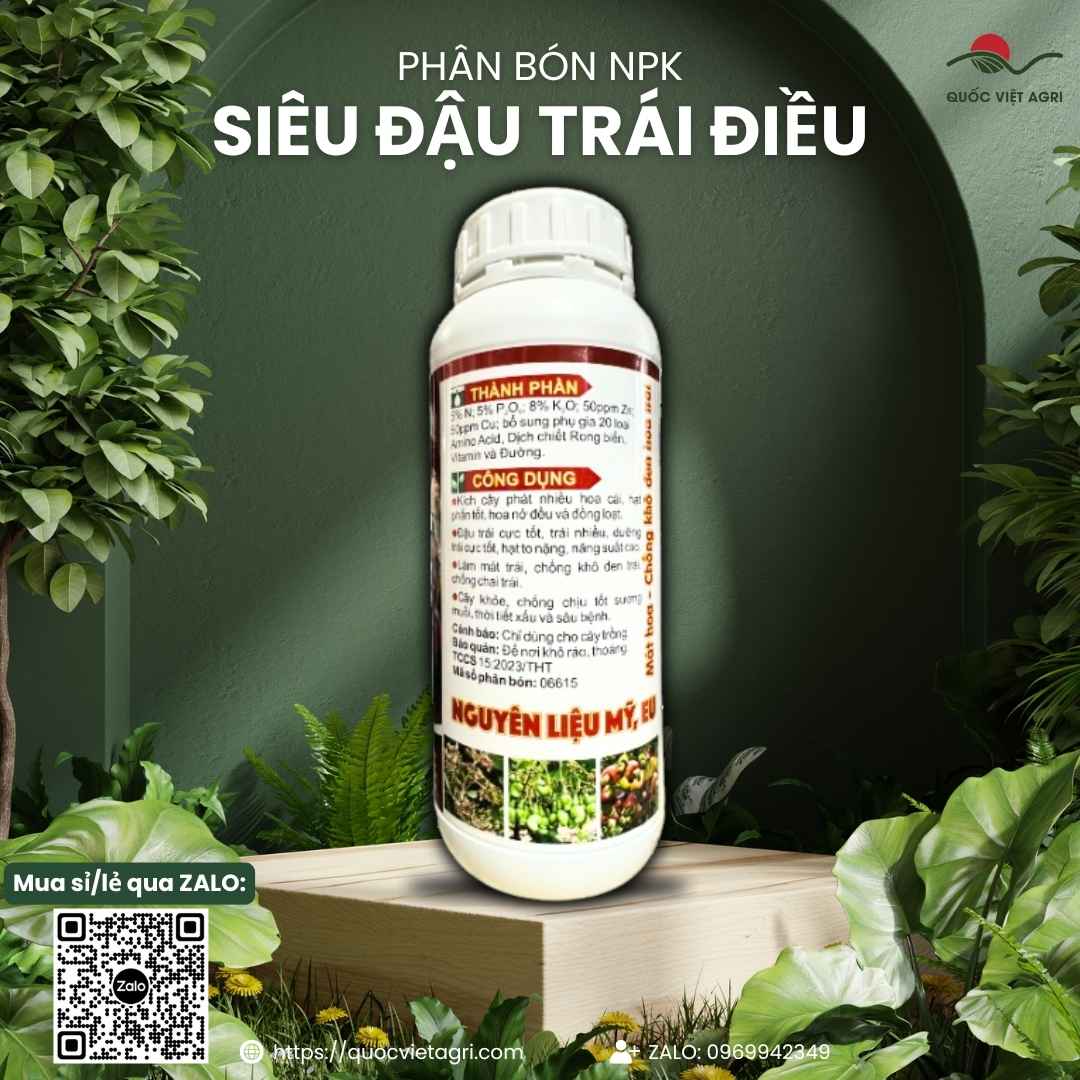 Mặt sau chai Siêu Đậu Trái Điều với hướng dẫn sử dụng rửa sương muối và chống rụng trái non.