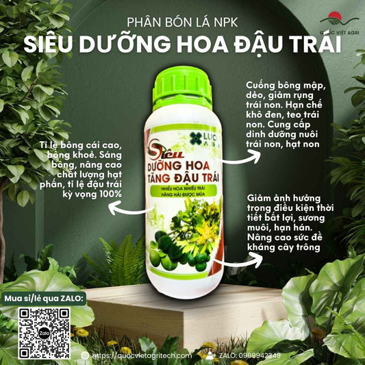 Mặt trước chai phân bón lá Siêu Dưỡng Hoa Tăng Đậu Trái 500ml, chuyên dùng để chống rụng bông, dưỡng trái non.