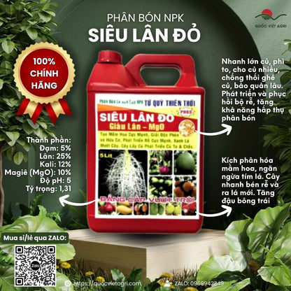 Mặt trước can phân bón Siêu Lân Đỏ Tứ Quý Thiên Thời 5 Lít, chuyên dùng để kích rễ, tạo mầm hoa, sản phẩm chính hãng của Tứ Quý.

