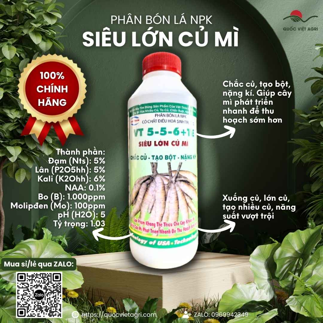 Mặt trước chai phân bón Siêu To Củ Mì VT 5-5-6+TE 1 Lít, chuyên dùng để kích củ phình to, nặng ký cho khoai mì, sắn.


