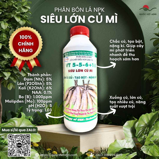 Mặt trước chai phân bón Siêu To Củ Mì VT 5-5-6+TE 1 Lít, chuyên dùng để kích củ phình to, nặng ký cho khoai mì, sắn.

