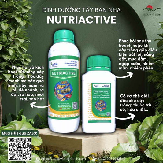 Mặt trước chai phân bón sinh học Nutriactive 500ml, chuyên dùng để phục hồi cây, giải độc phèn, sản phẩm công nghệ Tây Ban Nha.

