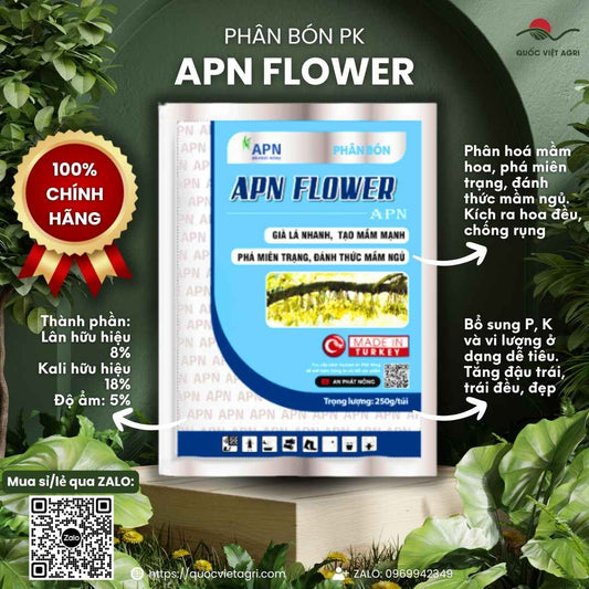Mặt trước gói phân bón lá APN Flower 250g, chuyên dùng để đánh thức mầm hoa, sản phẩm chính hãng An Phát Nông.

