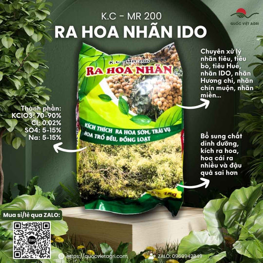 Mặt trước gói phân bón xử lý ra hoa nhãn Ido KCLO3 1KG, chuyên dùng để kích thích ra hoa nghịch mùa, sản phẩm chính hãng Kace Thái Lan.

