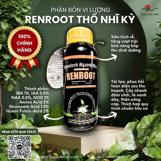 Mặt trước chai phân bón kích rễ Renroot 500ml, chuyên dùng để phục hồi cây, sản phẩm nhập khẩu từ Thổ Nhĩ Kỳ.

