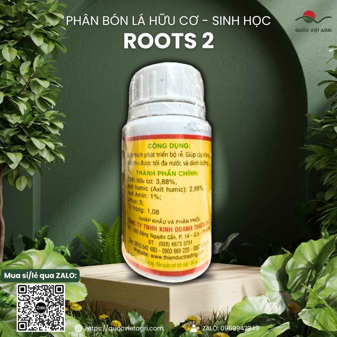 Mặt sau chai Roots 2 USA 100ml với thông tin thành phần hữu cơ, Humic 2.88%, Amino 1% và hướng dẫn tưới gốc/phun lá.