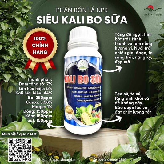 Mặt trước chai phân bón lá Siêu Kali Bo Sữa 500ml, chuyên dùng để lớn trái, tăng ngọt, sản phẩm chính hãng của Quốc Việt Agri.

