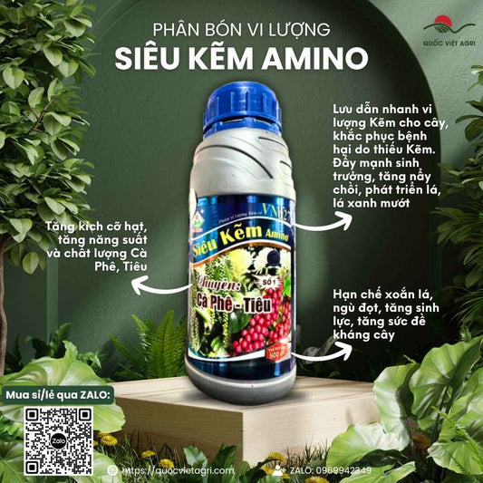 Mặt trước chai phân bón lá Siêu Kẽm Amino 500ml, chuyên dùng để chống xoăn đọt, vàng lá cho cà phê, hồ tiêu.

