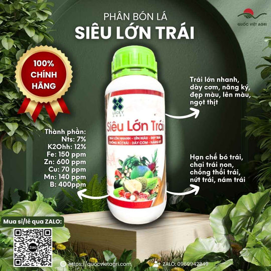 Mặt trước chai phân bón lá Siêu Lớn Trái 500ml, chuyên dùng để nuôi trái sầu riêng, chống nứt, sản phẩm chính hãng.

