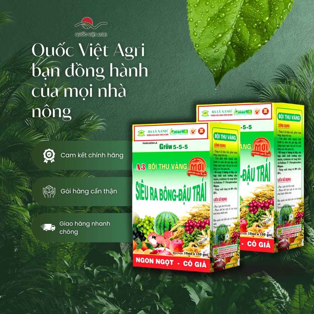 Mặt sau gói Phân bón lá GROW 5-5-5 Ba Lá Xanh 10ml siêu ra bông.