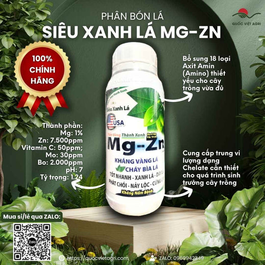 Mặt trước chai phân bón lá Siêu Xanh Lá Mg-Zn Amino+ 500ml, chuyên dùng để trị vàng lá, phục hồi cây, sản phẩm chính hãng của Quốc Việt Agri.

