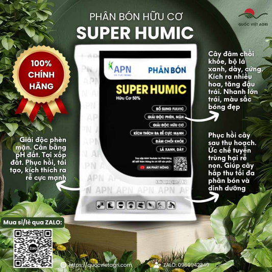 Mặt trước gói phân bón hữu cơ Super Humic 1KG, chuyên dùng để kích rễ mạnh, cải tạo đất, sản phẩm chính hãng An Phát Nông.

