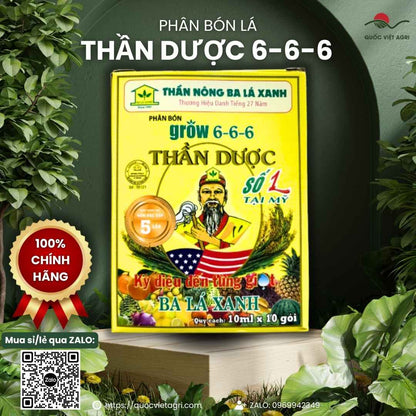 Nguyên hộp phân bón lá Thần Dược Grow 6-6-6 10ml với thông tin thành phần NPK 6-6-6, Auxin, Cytokinin và hướng dẫn sử dụng.