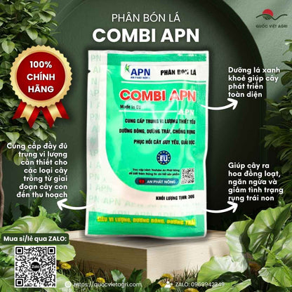 Mặt trước gói phân bón vi lượng Combi APN 30g, chuyên dùng để trị vàng lá, xoăn đọt, sản phẩm chính hãng An Phát Nông.

