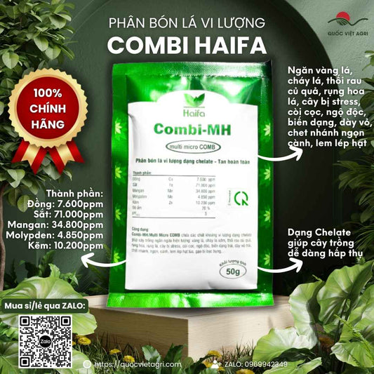 Mặt trước gói phân bón vi lượng Combi Haifa 50g, chuyên dùng để trị vàng lá, xoăn đọt, sản phẩm chính hãng nhập khẩu Israel.

