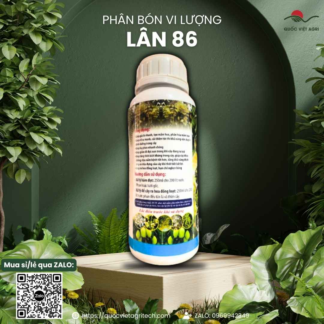 Mặt sau chai phân bón lá Lân 86 500ml với thông tin thành phần Lân (P₂O₅) 86% và hướng dẫn sử dụng chi tiết.
