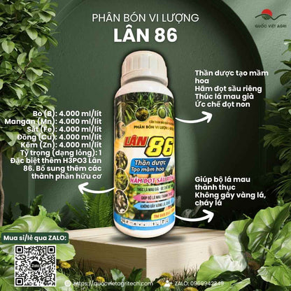Mặt trước chai phân bón lá Lân 86 500ml, chuyên dùng để tạo mầm hoa, hãm đọt sầu riêng, sản phẩm chính hãng của Quốc Việt Agri.

