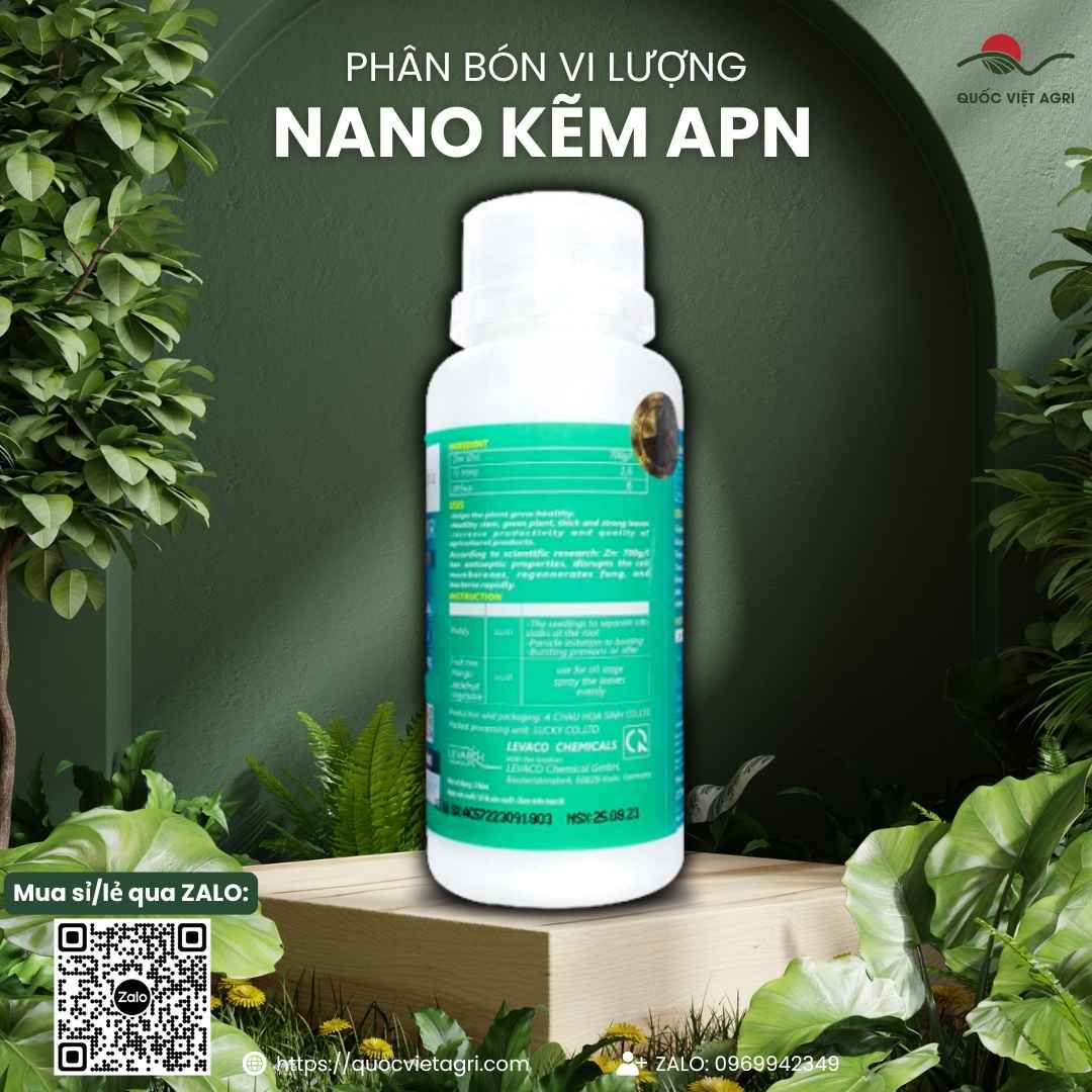 Mặt sau chai phân bón Nano Kẽm APN 250ml, chuyên dùng để trị vàng lá, xanh cây, sản phẩm chính hãng An Phát Nông.
