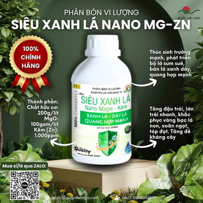 Mặt trước chai phân bón Siêu Xanh Lá Nano Magie Kẽm 500ml, chuyên dùng để trị vàng lá, phục hồi cây.

