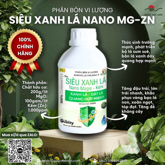 Mặt trước chai phân bón Siêu Xanh Lá Nano Magie Kẽm 500ml, chuyên dùng để trị vàng lá, phục hồi cây.

