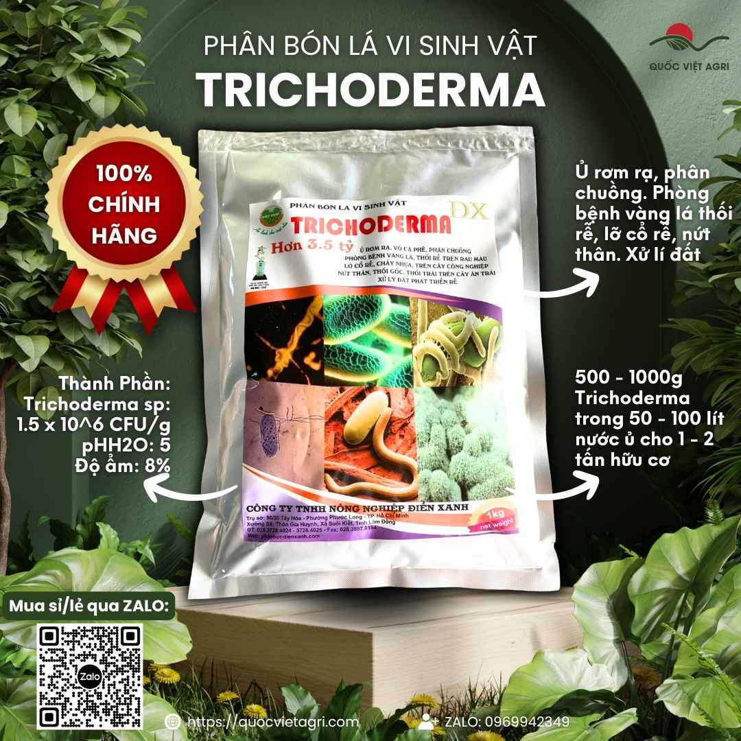 Mặt trước gói nấm đối kháng sinh học Trichoderma Điền Xanh 1kg.
