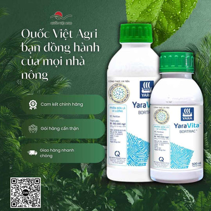 Mặt sau chai phân bón lá Yara Vita Bortrac với thông tin hàm lượng Boron cao, hỗ trợ quá trình phân chia tế bào và hướng dẫn sử dụng.