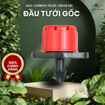 Đầu tưới gốc chỉnh lưu lượng QVA 0–70 L/h, gói 10 cái – ảnh sản phẩm trên nền xanh Quốc Việt Agri.