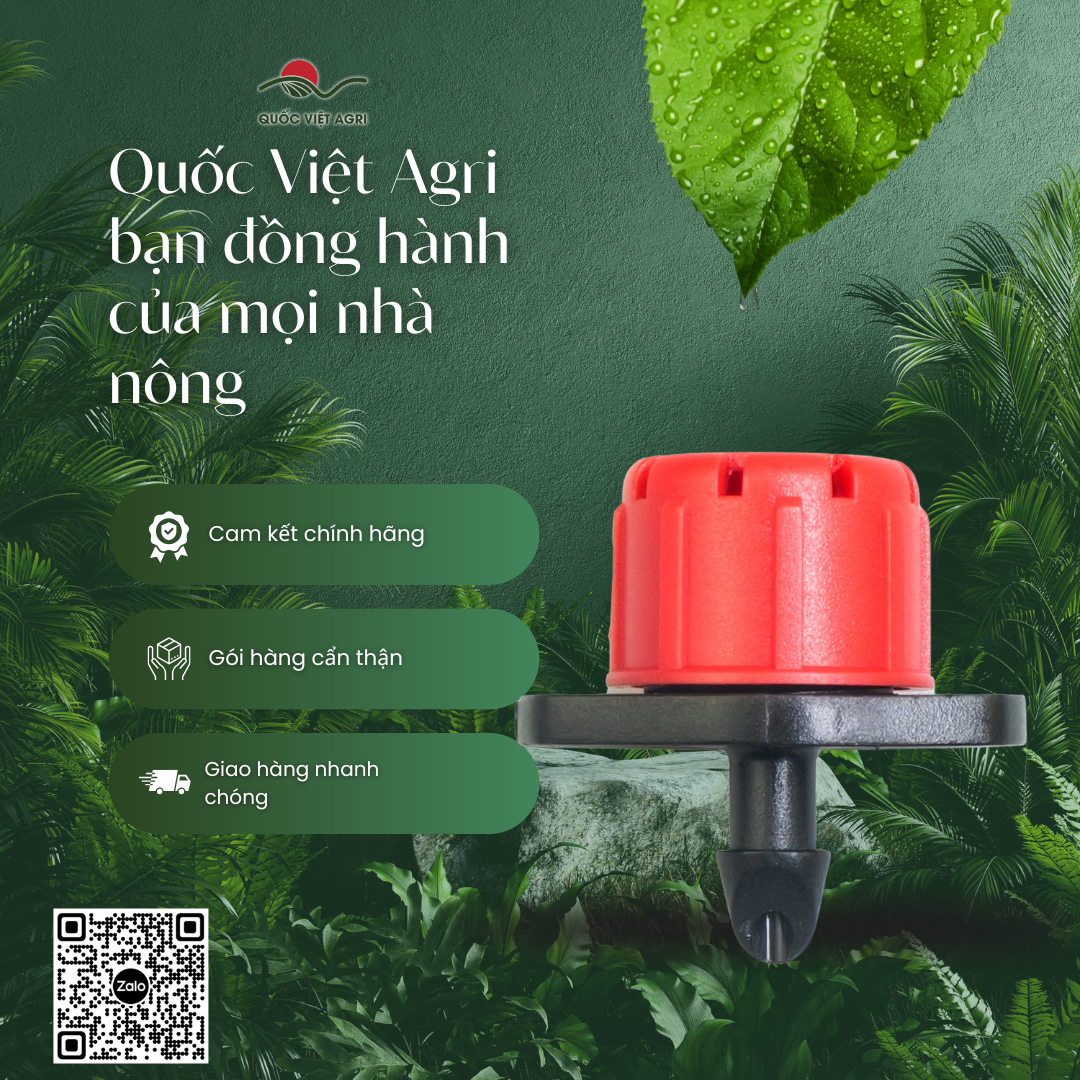 Đầu tưới gốc chỉnh lưu lượng QVA 0–70 L/h, gói 10 cái – bố cục đồng hành cùng nhà nông của Quốc Việt Agri.