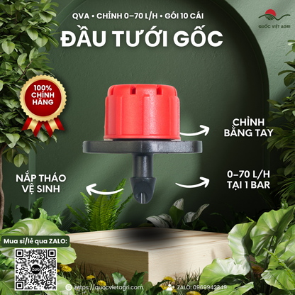 Đầu tưới gốc chỉnh lưu lượng QVA 0–70 L/h, gói 10 cái – ảnh chính và các đặc điểm sử dụng.
