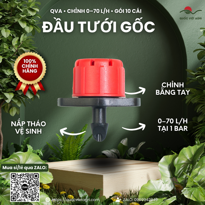 Đầu tưới gốc chỉnh lưu lượng QVA 0–70 L/h, gói 10 cái – ảnh chính và các đặc điểm sử dụng.