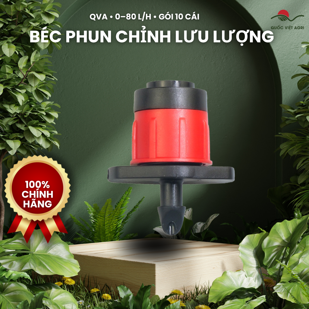 Béc phun chỉnh lưu lượng QVA 0–80 L/h, gói 10 cái – ảnh sản phẩm trên nền xanh Quốc Việt Agri.