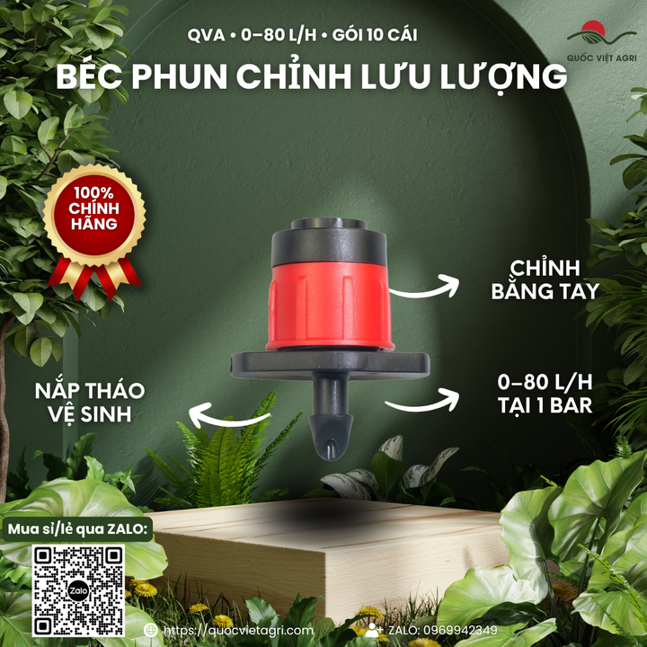 Béc phun chỉnh lưu lượng QVA 0–80 L/h, gói 10 cái – ảnh chính với hướng dẫn chỉnh bằng tay và tháo nắp vệ sinh.
