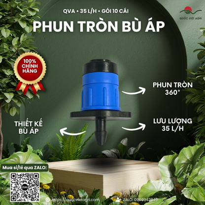 Béc phun tròn 360° QVA bù áp 35 L/h – Gói 10 cái – ảnh chính với các đặc điểm sản phẩm.