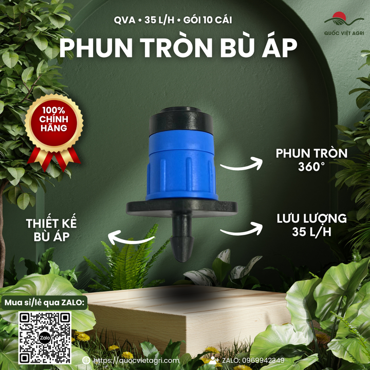 Béc phun tròn 360° QVA bù áp 35 L/h – Gói 10 cái – ảnh chính với các đặc điểm sản phẩm.