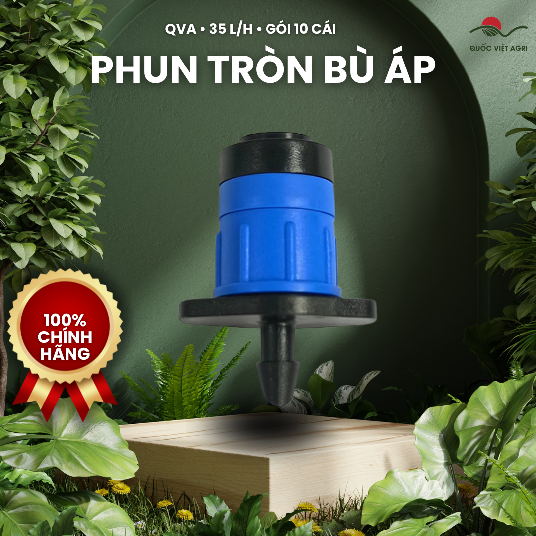 Béc phun tròn 360° QVA bù áp 35 L/h – Gói 10 cái – ảnh sản phẩm trên bố cục xanh QVA.