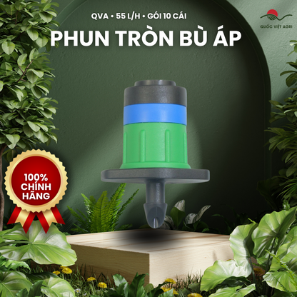 Béc phun tròn 360° QVA bù áp 55 L/h – Gói 10 cái – ảnh sản phẩm trên bố cục xanh QVA.